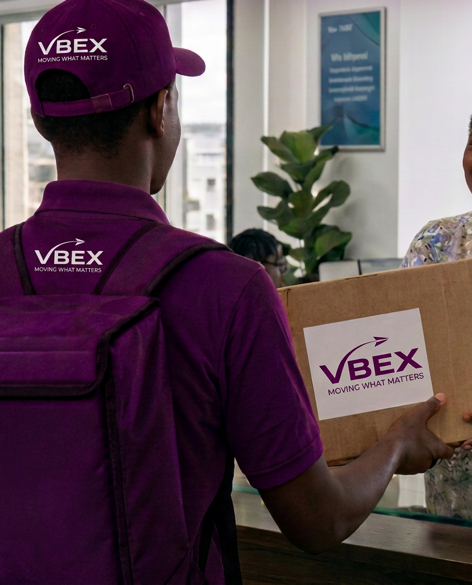 VBEX courier delivering a parcel to a smiling office receptionist