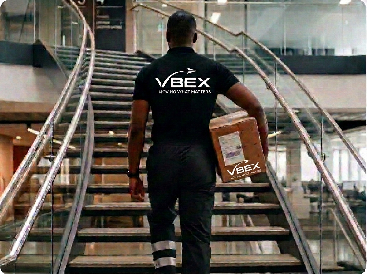 VBEX courier carrying a delivery box up a modern office staircase