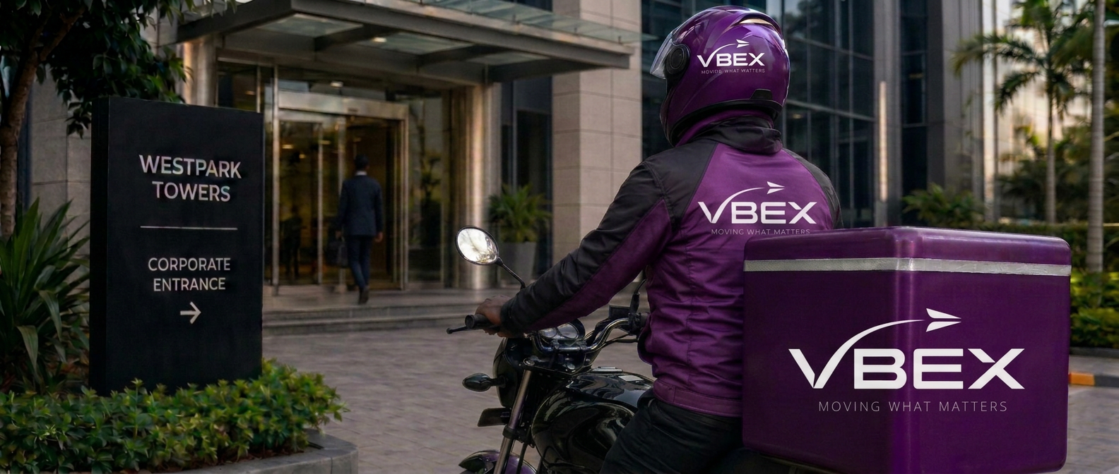VBEX courier on a crimson delivery bike outside Westpark Towers