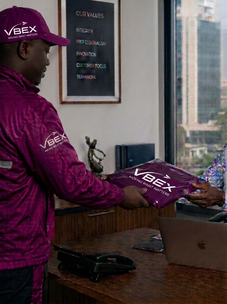 VBEX courier handing over a crimson package inside a corporate office